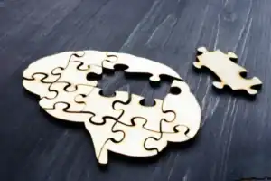 Wooden puzzle piece brain representing autism awareness and support.